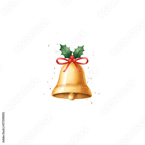 Golden Christmas Bell Clipart | Watercolor Holiday Decoration with Holly and Red Bow PNG