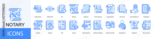 notary icon collection set. Containing law, Notarize, Signature, Power Attorney, Legal Contract, Document icon