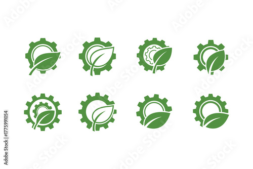 Green gear leaf icons representing eco friendly industry and sustainability.eps