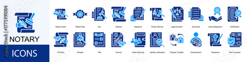 notary icon collection set. Containing law, Notarize, Signature, Power Attorney, Legal Contract, Document icon