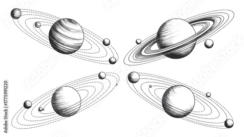 Explore the Cosmos with Stunning Planet Art Featuring Saturn-like Worlds in a Modern Black and White Style for Creative Projects