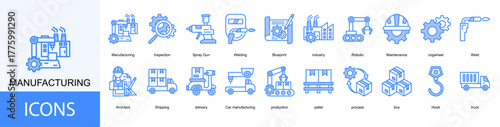 manufacturing icon collection set. Containing Welding, Blueprint, industry, Robotic, Maintenance, cogwheel icon