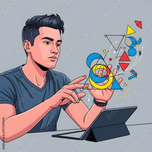 Vector image of an artist with a thinking expression, arranging geometric elements to create a modern abstract logo