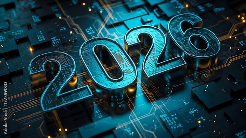 Futuristic 2026 numbers on digital circuit board technology innovation background
