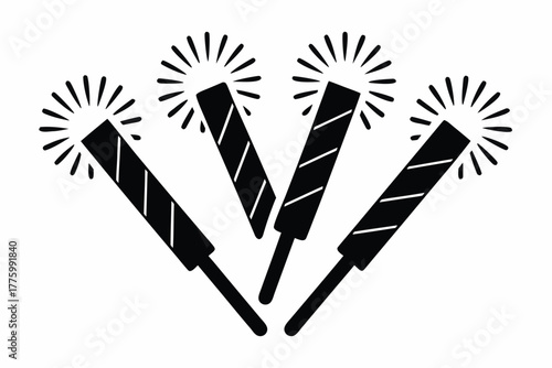 Sparkler stick burning with sparks silhouette vector illustration isolated on white background