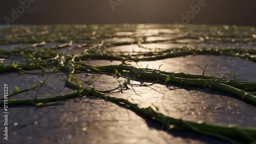 Vines Crawling Across Sunlit Stone Path