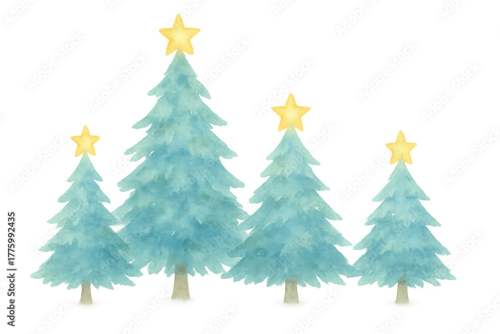 Obraz premium Watercolor christmas trees with stars creating a festive holiday decoration on transparent background