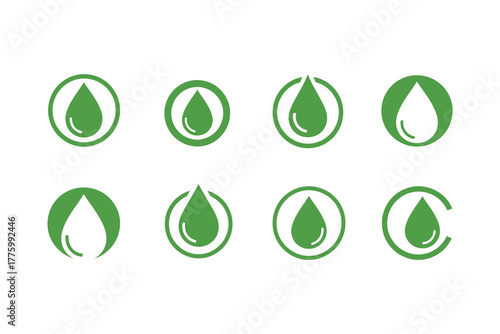Set of green water drop icons in oval shapes for nature and organic products.eps
