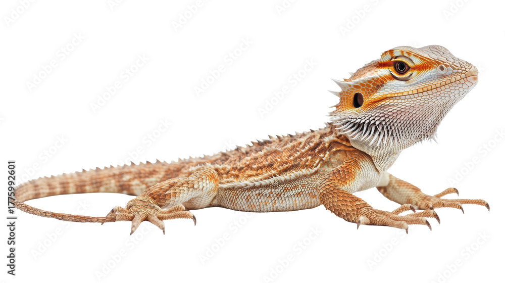 Obraz premium Bearded dragon crawling right across white background 