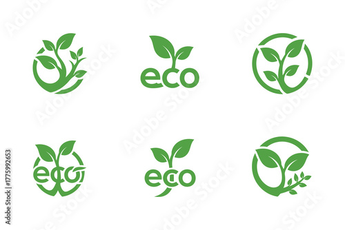 Six green eco friendly leaf logos and icons for nature and sustainability, eco symbol, eco logo, symbolic logo, vector logo
