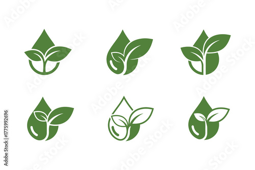Six green leaf and water drop logos for eco friendly and organic brands, eco symbol, eco logo, symbolic logo, vector logo