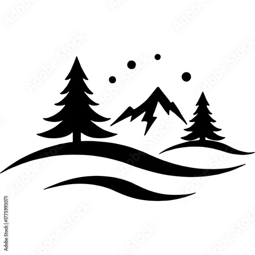Schematic forest landscape with mountain peaks. Engraving minimalistic vector in black ink drawing on transparent background