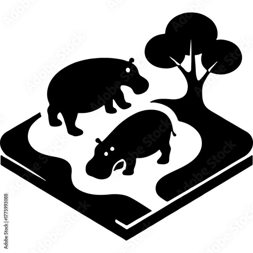 Pair of hippos at the zoo in a separate enclosure. Engraving minimalistic vector in black ink drawing on transparent background