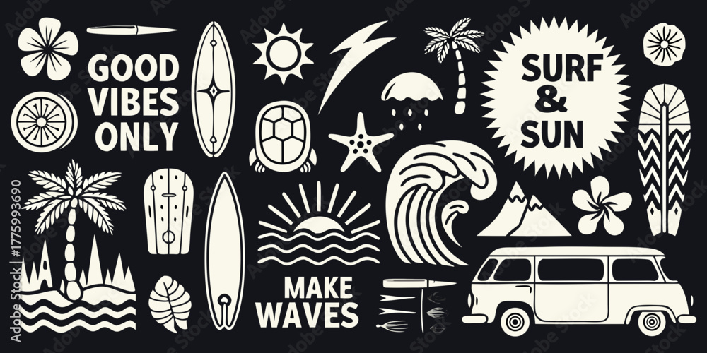 Obraz premium Retro surf and sun collection with van palm trees waves and good vibes text