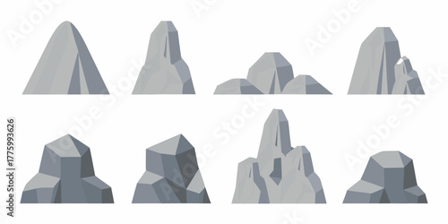 Collection of eight unique stylized grey rock formations and mountain peaks on a white background
