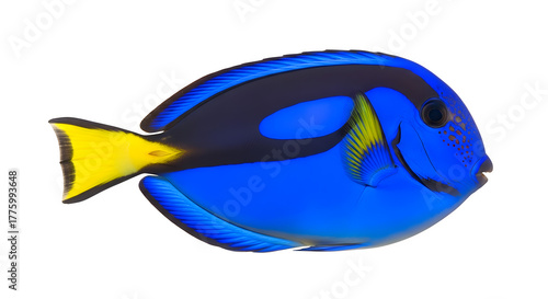 Vibrant blue tang fish swimming gracefully against a stark image