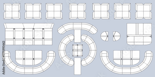 Collection of modern modular sofa elements and sectional furniture pieces arranged on a light blue background