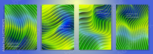 abstract layered line art parametric pattern blue green light spring cover poster background design set, for magazine, brochure, flyer, cover, poster, etc.