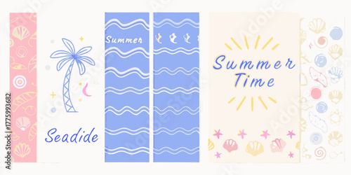 Collection of charming hand drawn summer beach and seaside illustrations with playful motifs