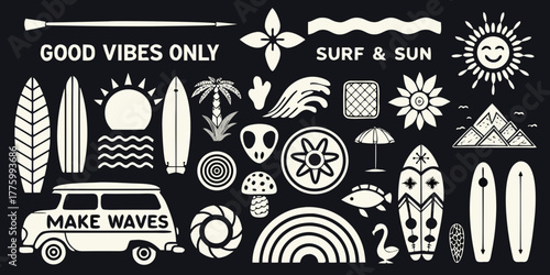 Retro surf and sun graphic elements with good vibes only text and make waves van