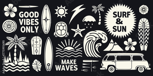 Retro surf and sun collection with van palm trees waves and good vibes text