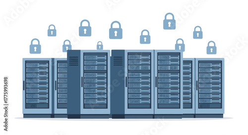 Secure data servers protected by digital locks, representing cybersecurity and information protection in a modern IT infrastructure.