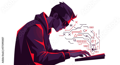 Dynamic hacker intently coding complex algorithms with glowing digital circuitry and binary data streams in a sleek, modern style