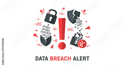 Urgent data breach alert with broken security icons calls attention to privacy concerns and cybersecurity threats for modern digital safety campaigns