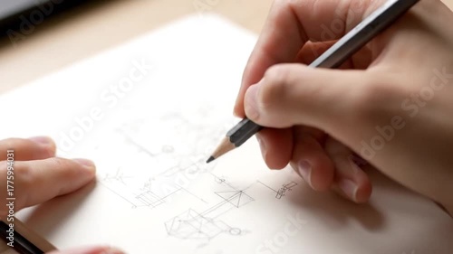 Hand Drawing Technical Diagrams on Notebook Close-Up