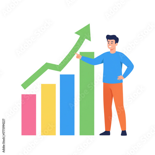 Young man presenting a colorful growth chart with upward trend  