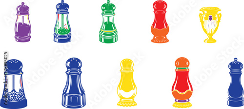 Colorful condiment dispensers and decorative urn salt shaker