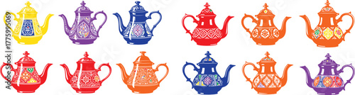 Colorful ornate teapots kettle beverage