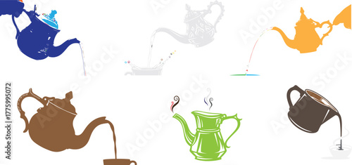 Colorful teapots pouring beverages into cups blue