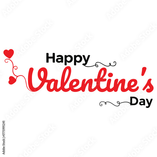 Happy Valentine Day Graphic – Red Ribbon Design with Hearts, Arrows, and Flowers