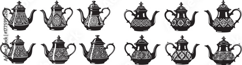 Ornate teapots with patterned bodies black