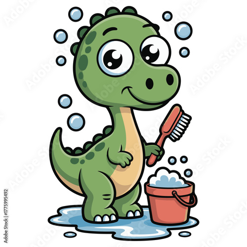 Cartoon Dinosaur Bath Time Illustration – Playful Green Character with Brush and Bubbles