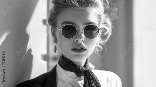Stylish Vintage: A timeless black and white portrait of an elegant woman, embodying classic style with her sophisticated round sunglasses, a sleek scarf, and graceful features.