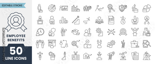 Employee Benefits line icons set with editable stroke. Containing employee, business, insurance, health, pay, benefit, bonus and more. Vector illustration