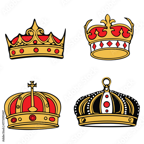 Four distinct crowns with varied designs and jewelary