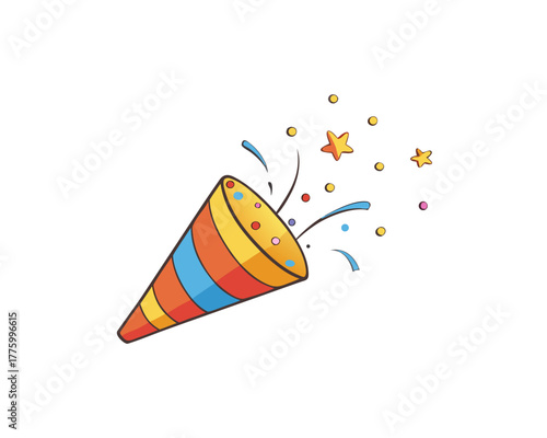 Party popper explosion with confetti, vector illustration, isolated on white background