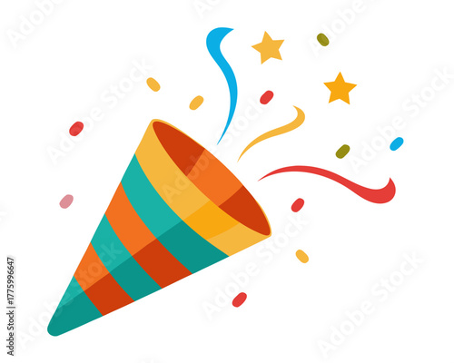 Party popper explosion with confetti, vector illustration, isolated on white background