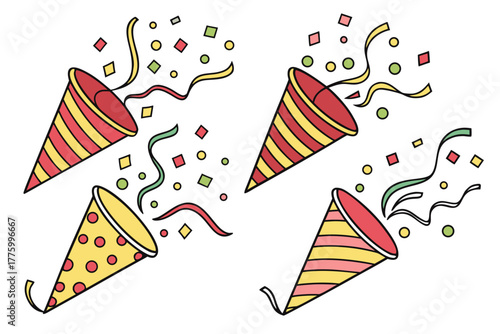 set of Party popper explosion with confetti, vector illustration, isolated on white background