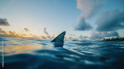 Fototapeta Naklejka Na Ścianę i Meble -  Shark fin breaking the ocean surface at sunset
