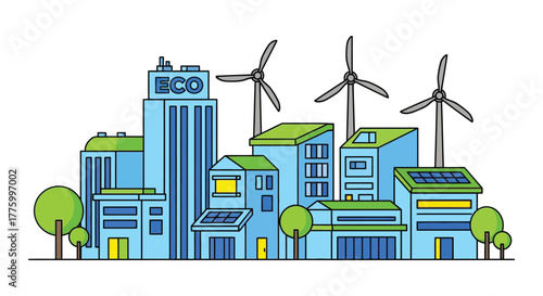 Sustainable city skyline with wind turbines and solar panels, representing green energy and eco-friendly urban development.