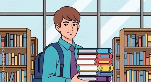 Young man smiling while carrying a stack of books in a library