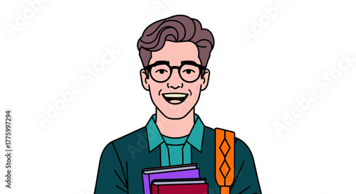 Enthusiastic young student with books and backpack, ready for knowledge and adventure.