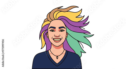 Joyful person with vibrant, multi-colored hair blowing in the wind, smiling confidently