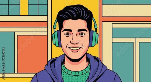 Smiling young man with headphones enjoying music against a colorful abstract background