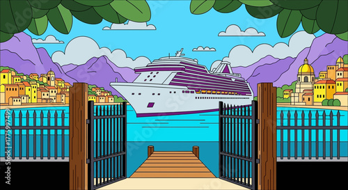 Grand cruise ship arriving at a picturesque coastal town with inviting gates and vibrant mountains.