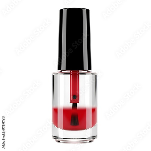 Red Nail Polish Glass Bottle with Black Cap and Brush Applicator for Manicure and Pedicure Isolated on White